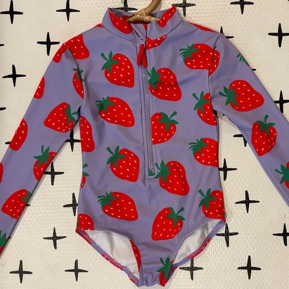 Mini Boden Purple Long-Sleeve Strawberry Swimsuit - Picture 5 of 6